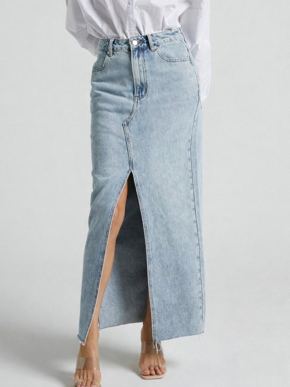 Showpo Denim Maxi Skirt Blue High Waisted Front Slit Raw Hem Size US 6